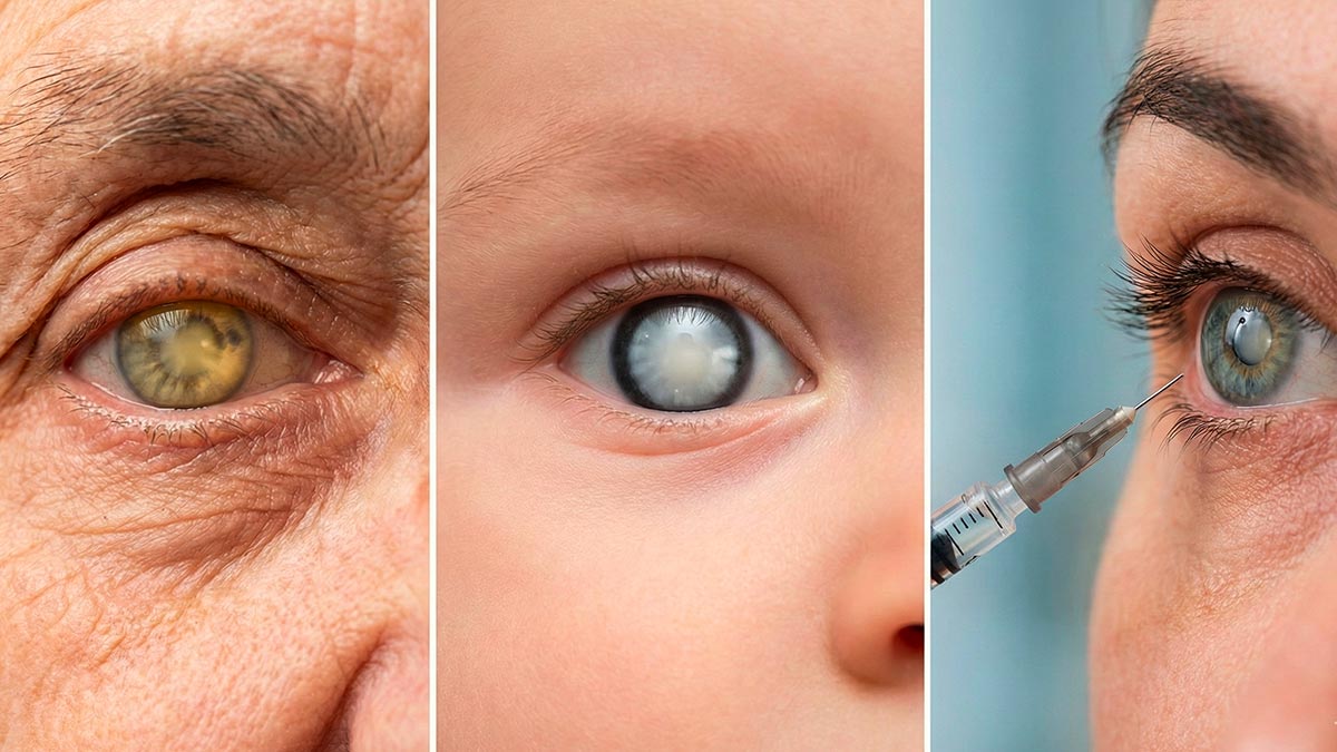 Exemplos de catarata em diferentes fases da vida: catarata senil, congênita e secundária